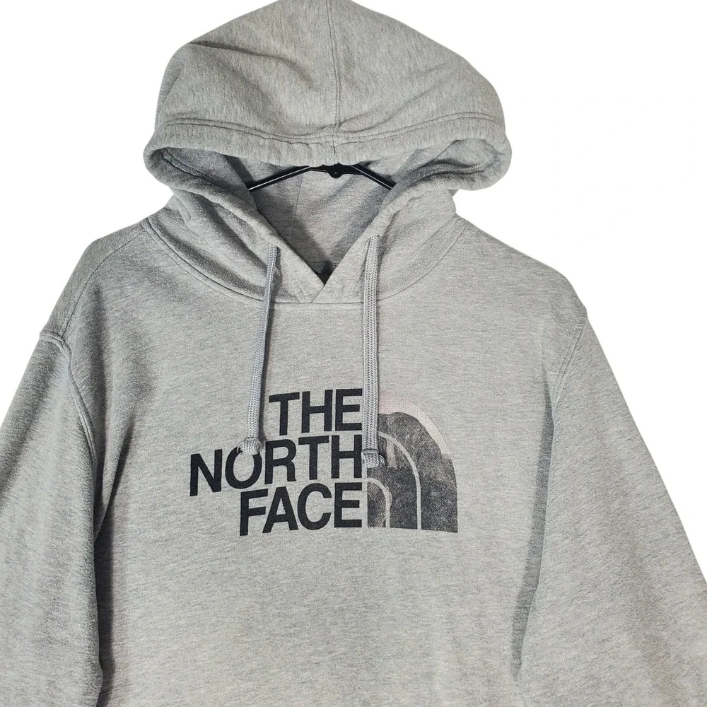 The North Face Mens Heather Grey Distressed Logo Pullover Hoodie Sweatshirt XL